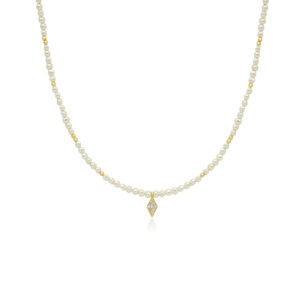 שרשרת פנינים טבעיות 3.2 מ"מ, עם כדורי זהב 2.0ממ סוגר זהב 14Kותליון מעוין משובץ זרקונים